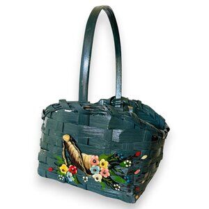 Vintage Hand Painted Flowers Wicker Blue Easter Basket folk Shabby Chic 12"